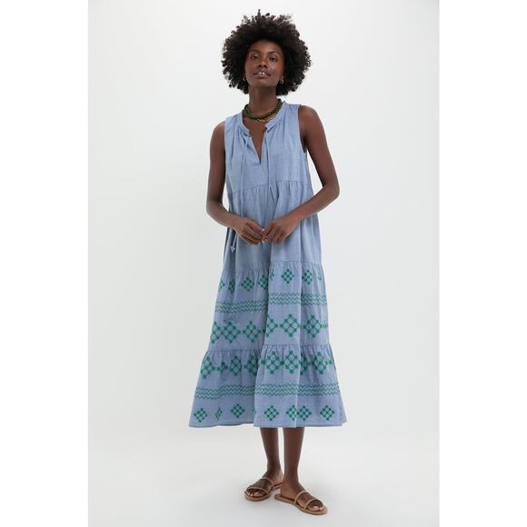 TUCKERNUCK BEACH Emerald Embroidered Chambray Salty Paloma Caftan Size M NWT - Picture 6 of 8